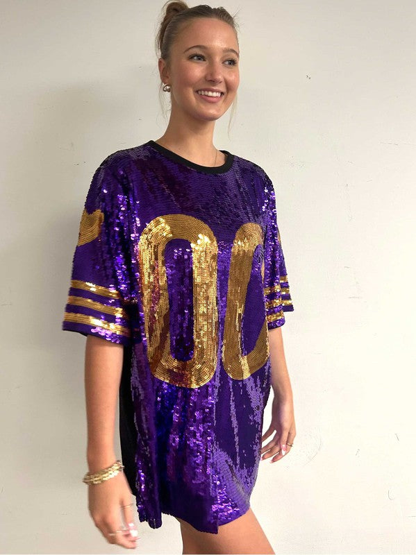 Purple and Gold Sequin Babydoll Jersey Dress